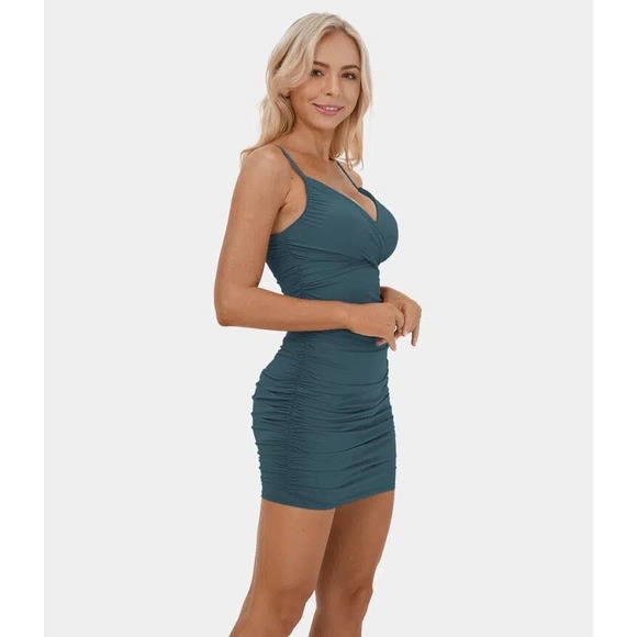 Halara Backless Ruched Bodycon Dress Teal Blue Size L NWT - Picture 2 of 10